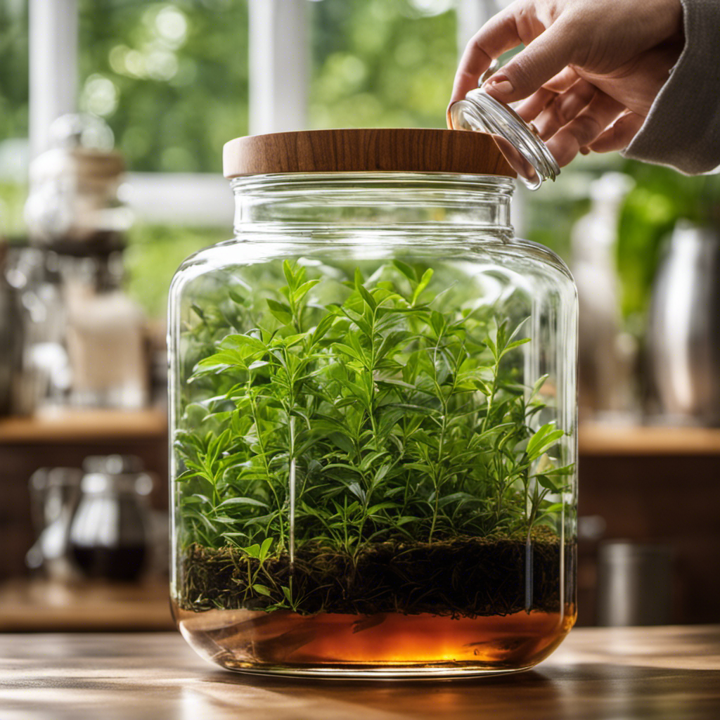 An image showcasing a clear glass jar filled with precisely measured loose tea leaves, steeping in water, alongside a separate container filled with 2 gallons of freshly brewed kombucha