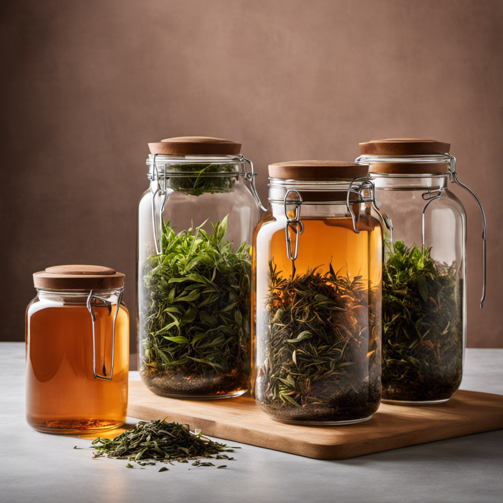 An image showcasing a clear glass jar filled with precisely measured loose tea leaves, steeping in water, alongside a separate container filled with 2 gallons of freshly brewed kombucha