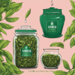 An image showcasing a glass jar filled with loose tea leaves, precisely measured with a scale and poured into a brewing vessel, surrounded by vibrant green tea leaves, ready to be turned into refreshing kombucha