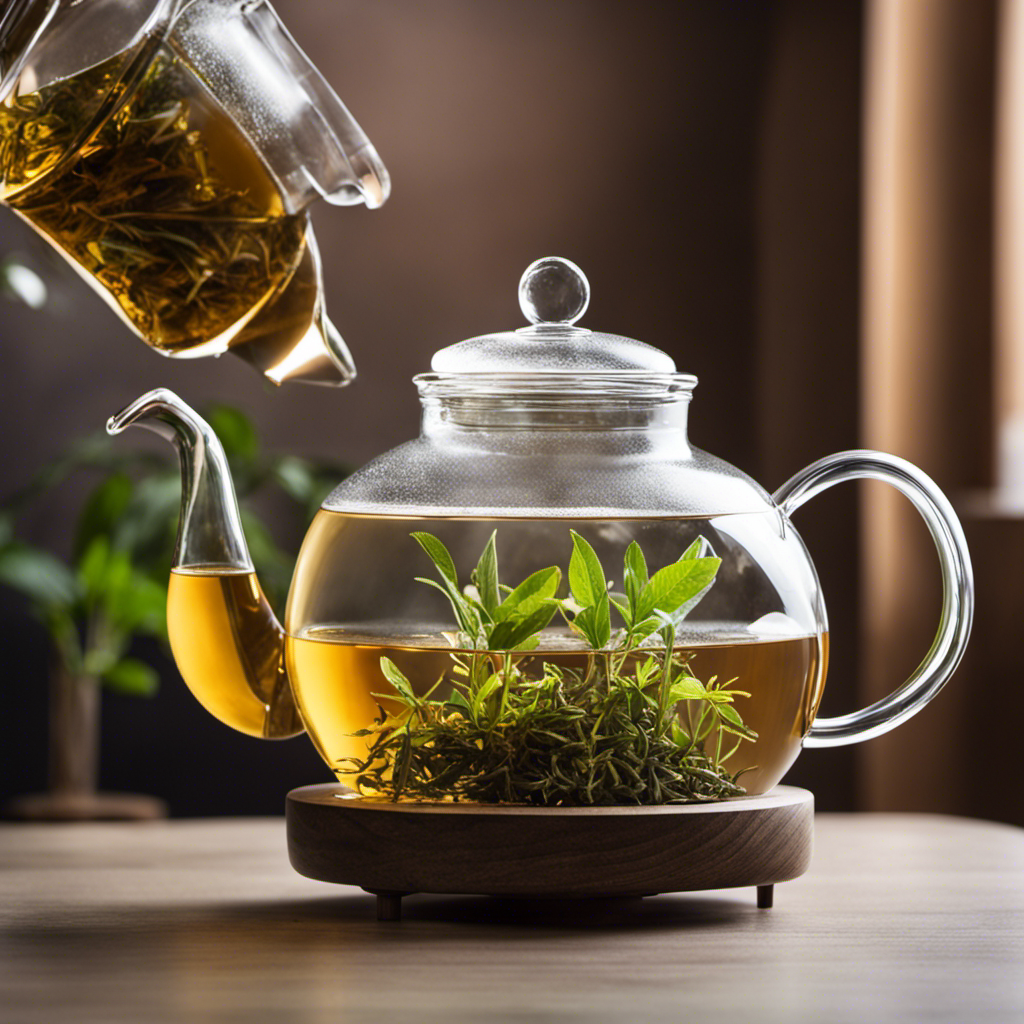 An image showcasing a clear glass teapot filled with precisely measured loose tea leaves