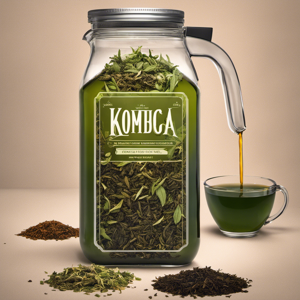 An image showcasing a glass pitcher filled with precisely measured loose tea leaves being poured into a gallon-sized jar of brewing kombucha, highlighting the ideal ratio of tea to liquid for the perfect infusion