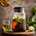 An image showcasing a glass pitcher filled with precisely measured loose tea leaves being poured into a gallon-sized jar of brewing kombucha, highlighting the ideal ratio of tea to liquid for the perfect infusion