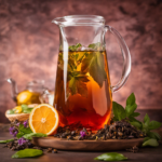 An image showcasing a glass pitcher filled with refreshing kombucha, surrounded by vibrant loose tea leaves