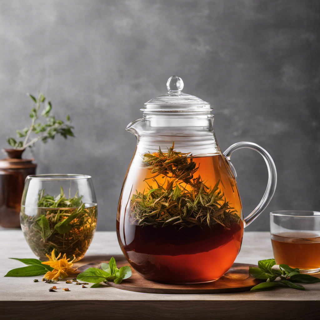 An image depicting a glass jar filled with precisely measured loose tea leaves, pouring into a large pitcher filled with water, showcasing the perfect balance of tea to water ratio for brewing a gallon of refreshing kombucha