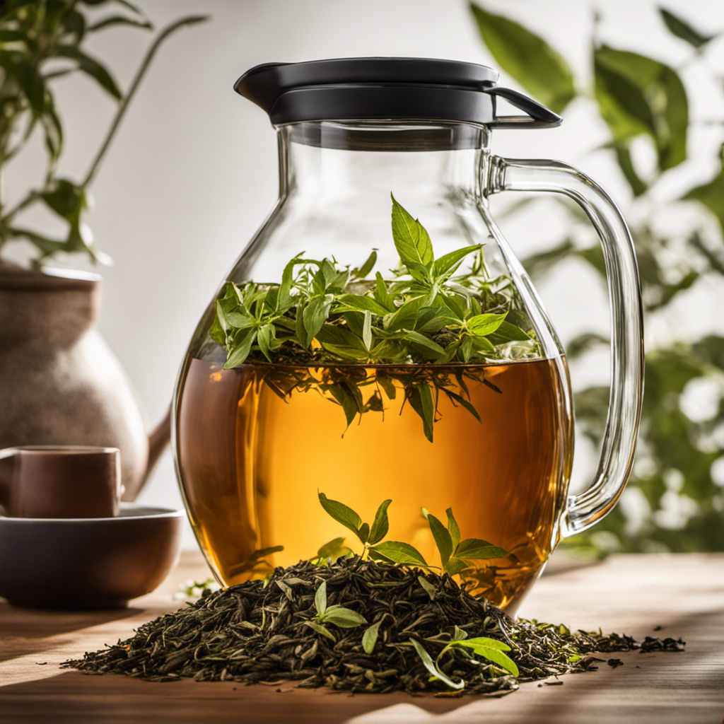 An image depicting a glass jar filled with precisely measured loose tea leaves, pouring into a large pitcher filled with water, showcasing the perfect balance of tea to water ratio for brewing a gallon of refreshing kombucha