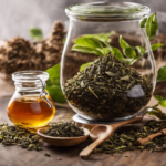 An image that showcases a glass container filled with precisely measured loose tea leaves, neatly arranged in a mound, next to a measuring spoon