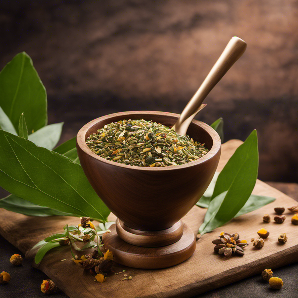 An image showcasing the perfect blend of ingredients for a revitalizing yerba mate drink: abundant yerba mate leaves, a handful of energizing guarana seeds, and a sprinkle of fragrant damiana flowers