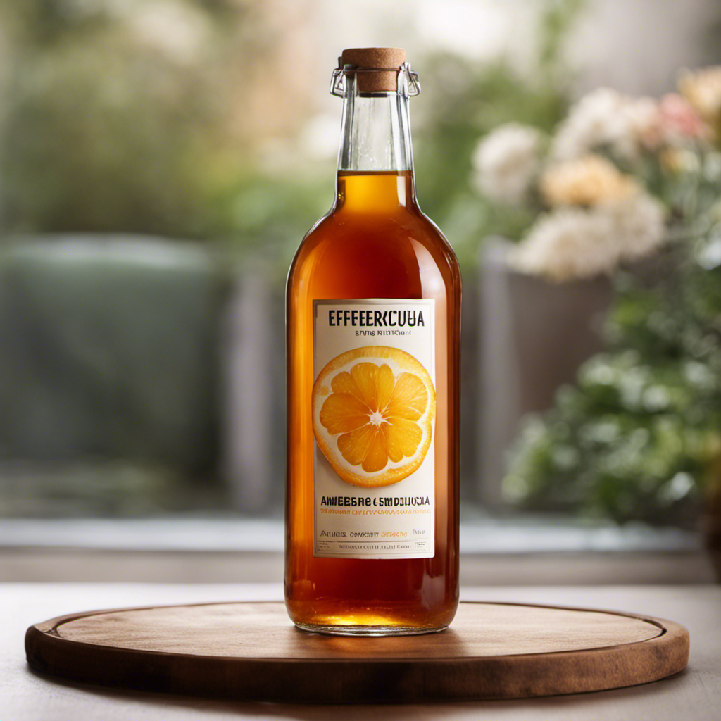 An image depicting a transparent glass bottle filled with effervescent, amber-colored kombucha