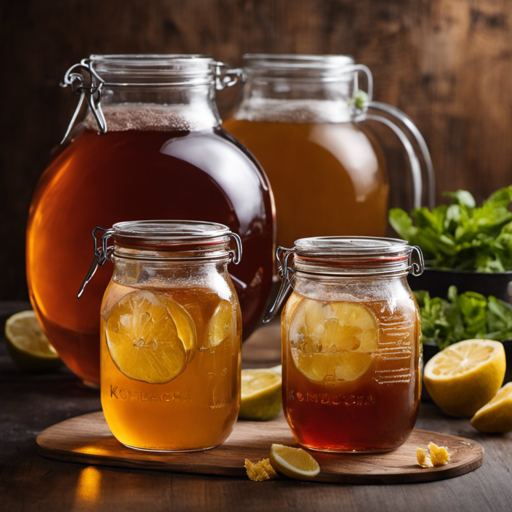 An image showcasing a clear glass jar filled with 2 cups of strong, golden-brown kombucha starter tea, alongside measuring cups and a 1-gallon jug, highlighting the process of preparing kombucha