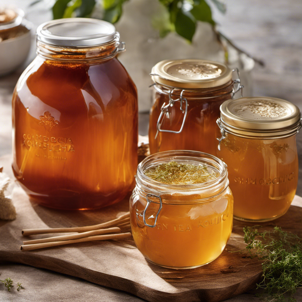 An image of a glass jar filled with rich, amber-colored kombucha, perfectly balanced by delicate strands of a SCOBY floating at the surface