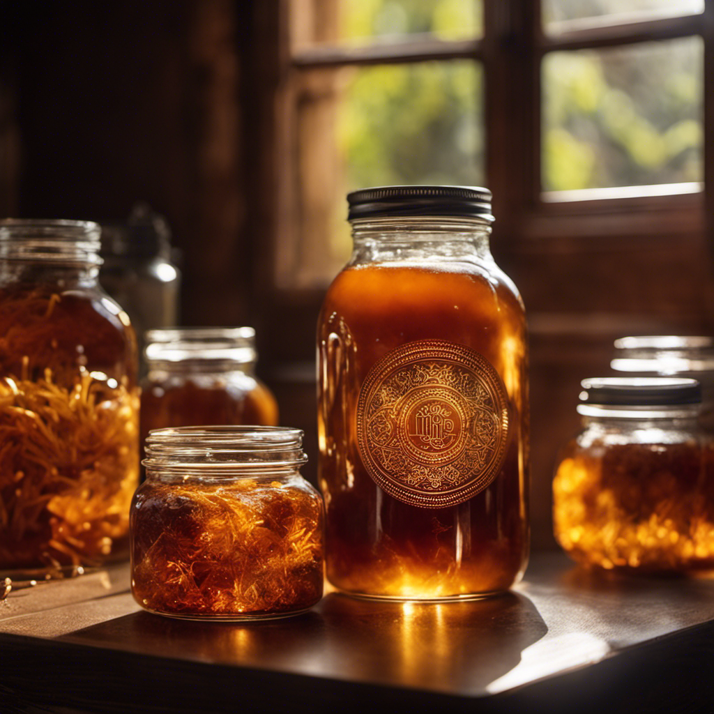 An image of a glass jar filled halfway with rich amber-hued kombucha, teeming with a swirling mass of live culture strands