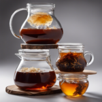 An image showcasing a glass jar filled with 2 cups of strong black tea, a scoby floating at the top, and a measuring cup pouring 1 cup of starter tea into the jar