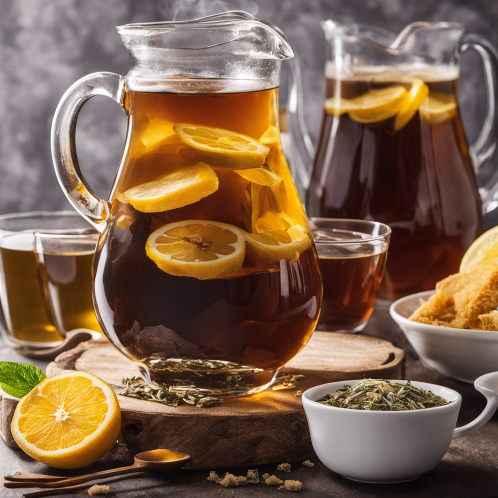 An image showcasing a glass pitcher filled with 4 cups of brewed tea, accompanied by a pile of sugar cubes and 4 tea bags, visually demonstrating the perfect ingredients for a quart of homemade kombucha