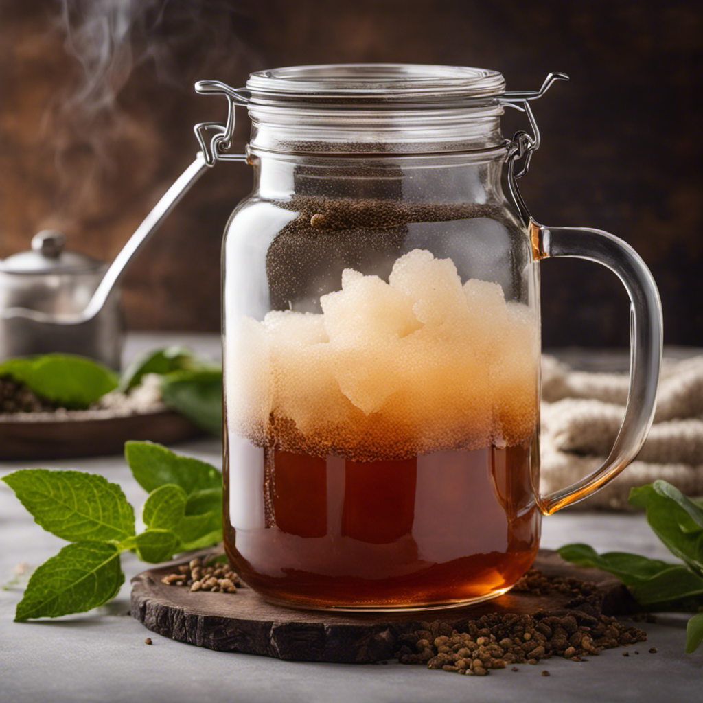 An image showcasing a glass jar filled with a precise amount of granulated sugar being poured into a steaming hot cup of tea, surrounded by fresh tea leaves and a scoby, illustrating the perfect proportions for brewing homemade kombucha