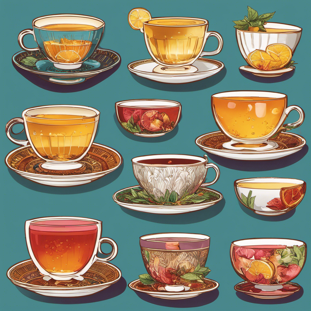 An image showcasing six elegant teacups filled with vibrant Kombucha