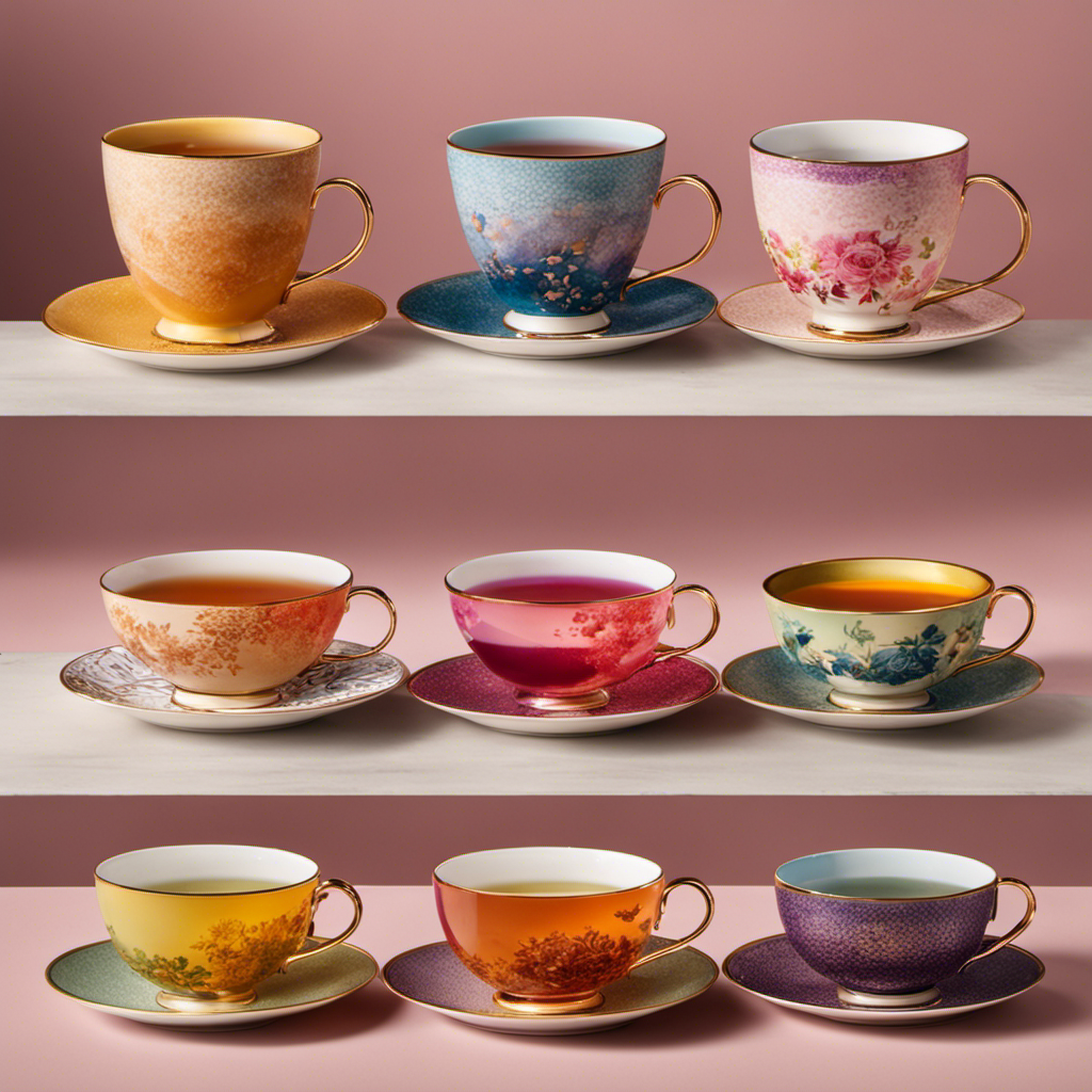 An image showcasing six elegant teacups filled with vibrant Kombucha