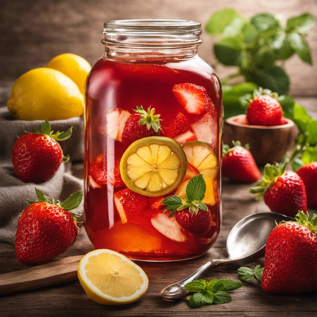 An image showcasing a glass jar filled with freshly brewed kombucha tea, surrounded by vibrant, organic ingredients such as ripe strawberries, tangy lemons, and a small measuring spoon, highlighting the perfect amount of sugar needed for fermentation