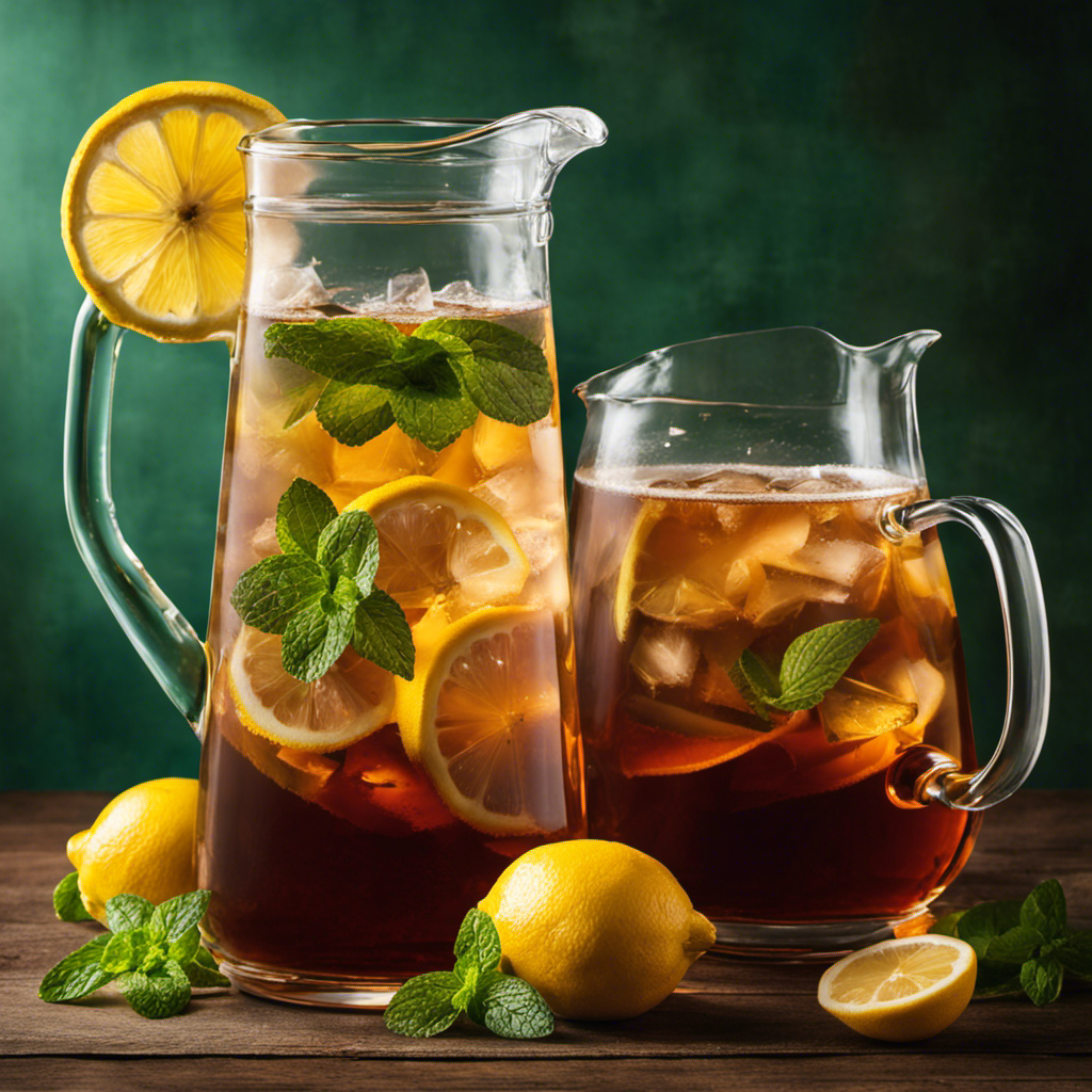 An image showcasing a clear glass pitcher filled with refreshing sweet tea kombucha, adorned with floating lemon slices and mint leaves
