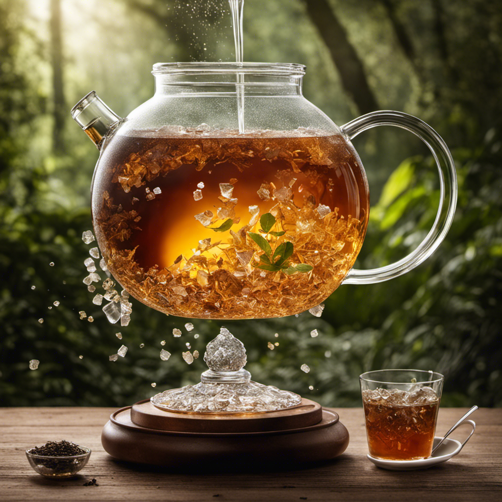 An image capturing the essence of a gallon of tea for kombucha, showcasing a transparent glass jug filled with brewed tea, floating tea leaves, and a cascading waterfall of sugar crystals pouring in, emphasizing the sweetness