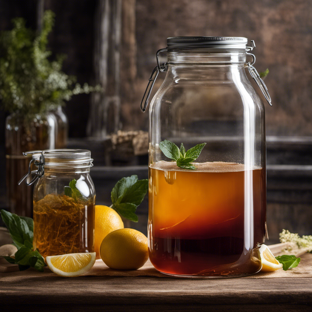 An image showcasing a transparent glass gallon jar filled with freshly brewed kombucha tea