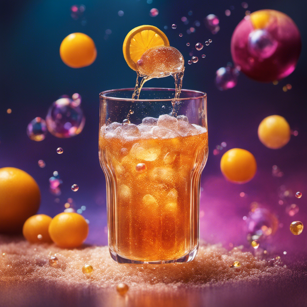 An image showcasing a tall glass of Kombucha tea overflowing with vibrant, effervescent bubbles