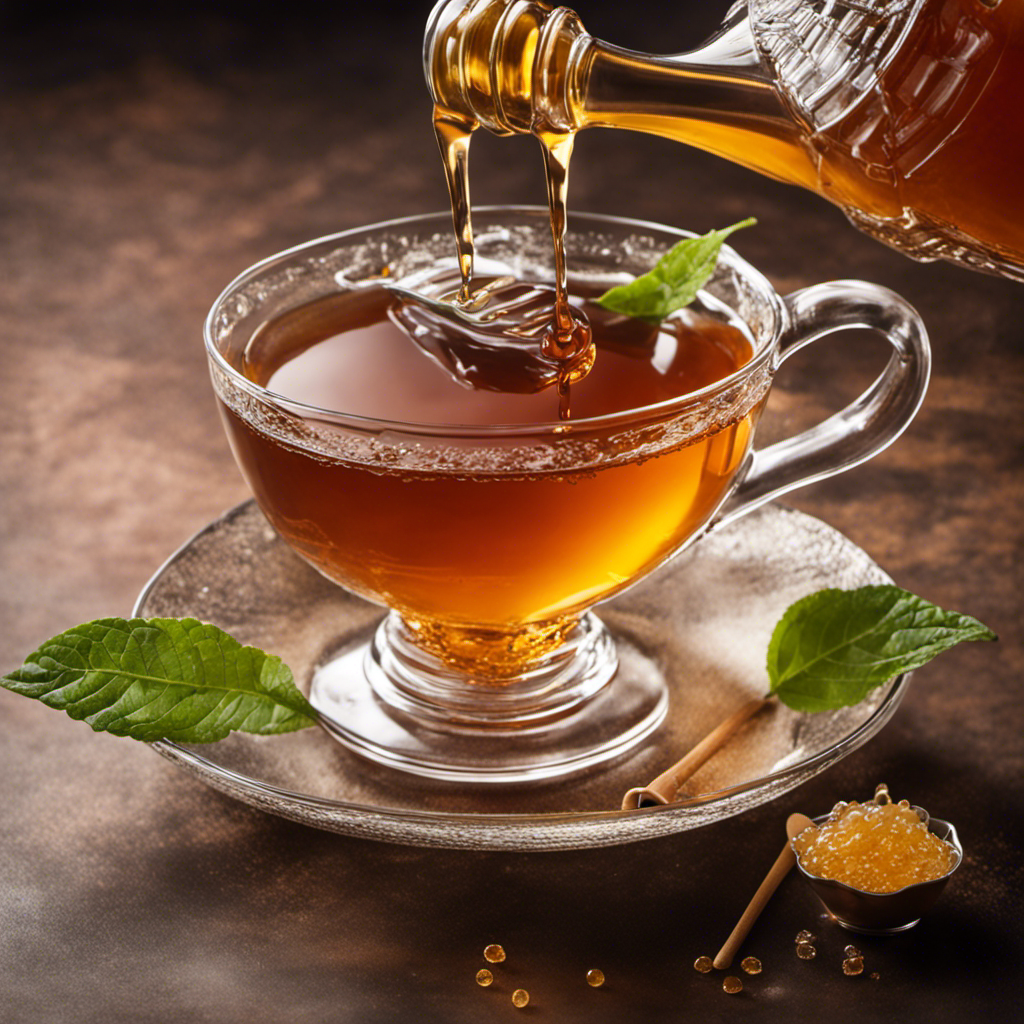 An image showcasing a glass teacup filled with freshly brewed kombucha, highlighting the meticulous pouring of 1 cup of tea