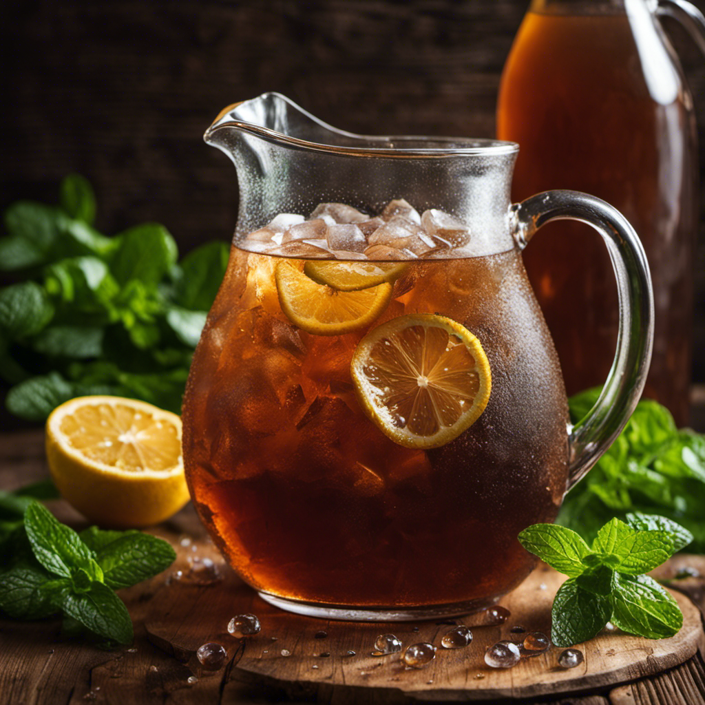 An image showcasing a glass pitcher filled with golden-hued, ice-cold sweet tea kombucha, surrounded by shimmering droplets condensing on its surface
