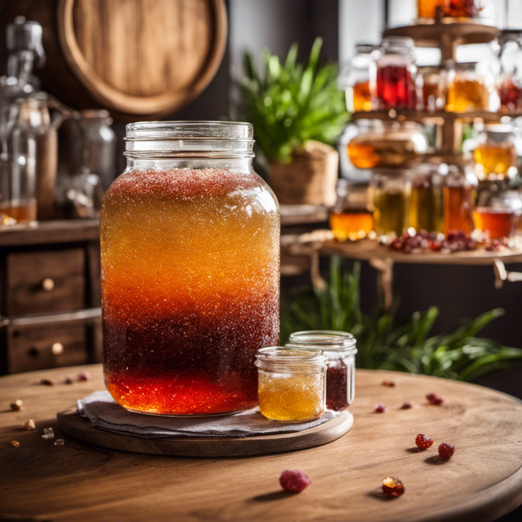 An image showcasing a glass jar filled with 1 gallon of freshly brewed kombucha, surrounded by vibrant sugar crystals gently cascading into the brew, capturing the perfect balance of sweetness
