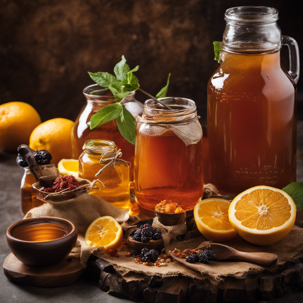 An image showcasing a glass jar filled with freshly brewed kombucha tea, surrounded by an assortment of natural sweeteners like cane sugar, honey, and fruit slices, inviting readers to explore the perfect sugar-to-tea ratio