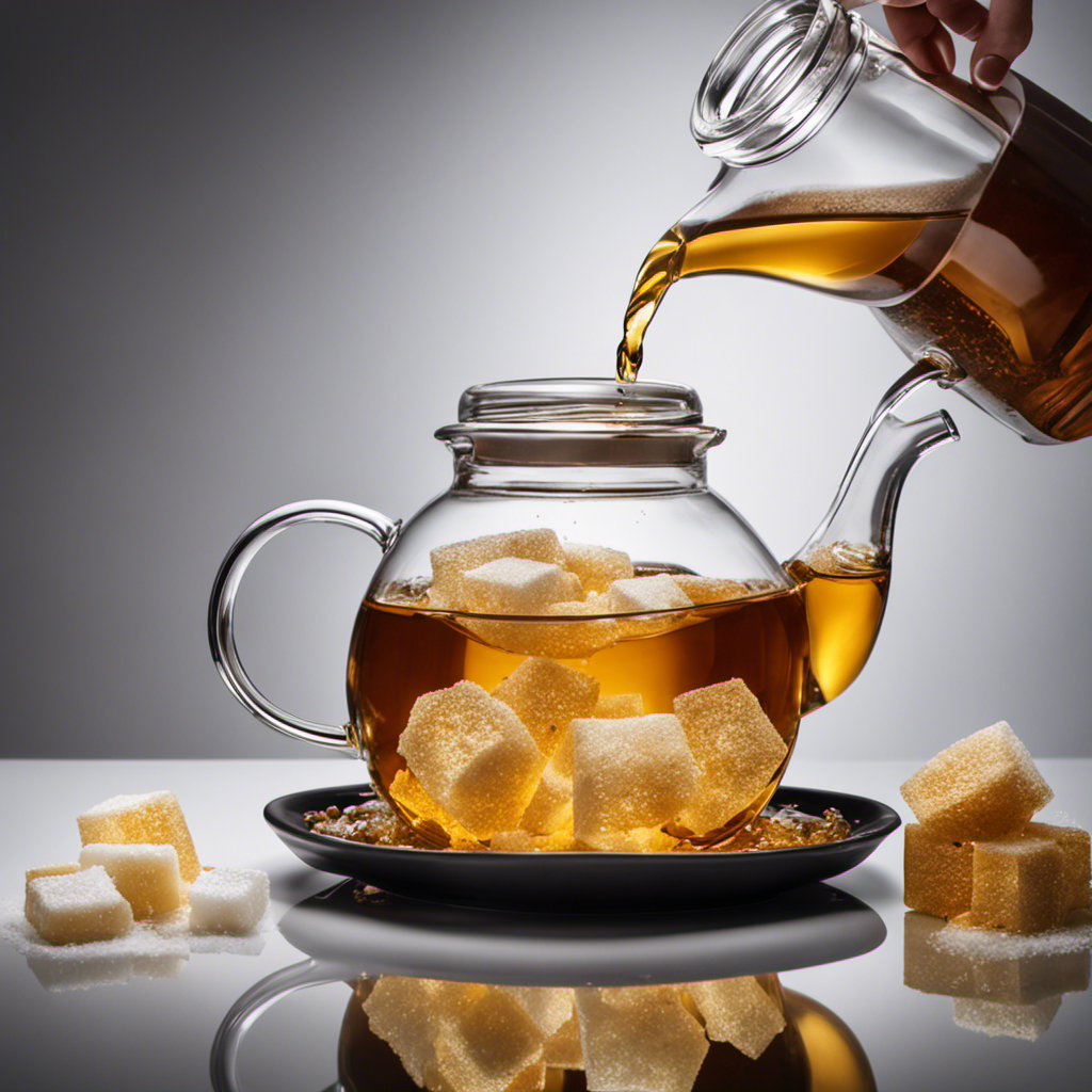 An image of a glass teapot pouring a stream of golden liquid into a glass jar filled with a cluster of white sugar cubes
