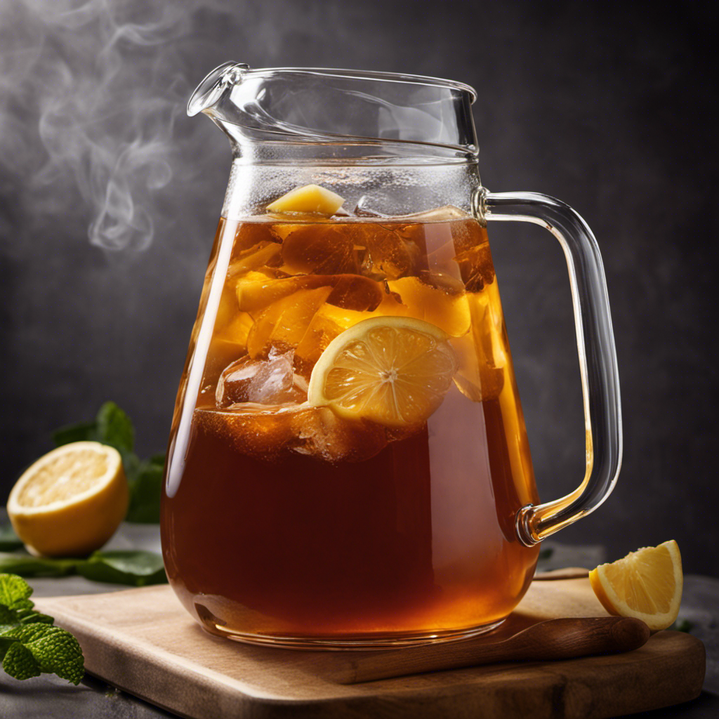 An image showcasing a glass pitcher filled with 60 oz of refreshing, amber-colored kombucha tea