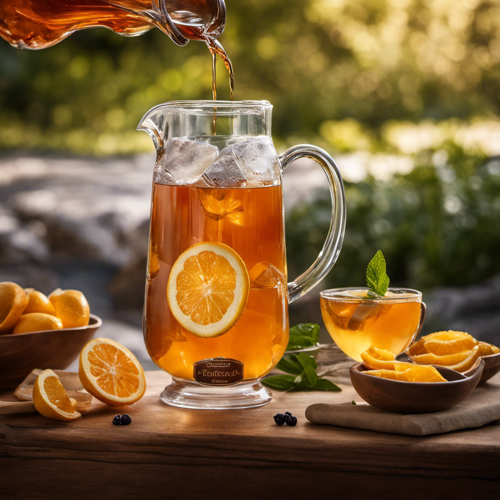 An image showcasing a glass pitcher filled with 60 oz of refreshing, amber-colored kombucha tea