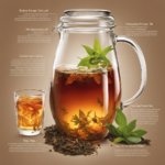 An image showcasing a glass pitcher filled with precisely measured loose tea leaves, alongside a measuring cup pouring delicate droplets of sweet tea into a clear, gallon-sized glass jar of freshly brewed kombucha