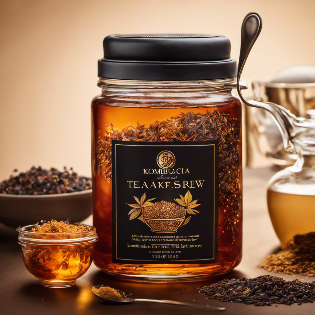 An image showcasing a glass jar filled with tea leaves and a measuring spoon pouring sugar into it, while a hand delicately stirs the mixture
