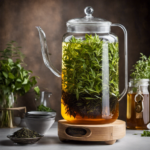 An image showcasing a glass vessel filled with precisely measured loose tea leaves, suspended in water, ready to brew a 2-gallon kombucha batch