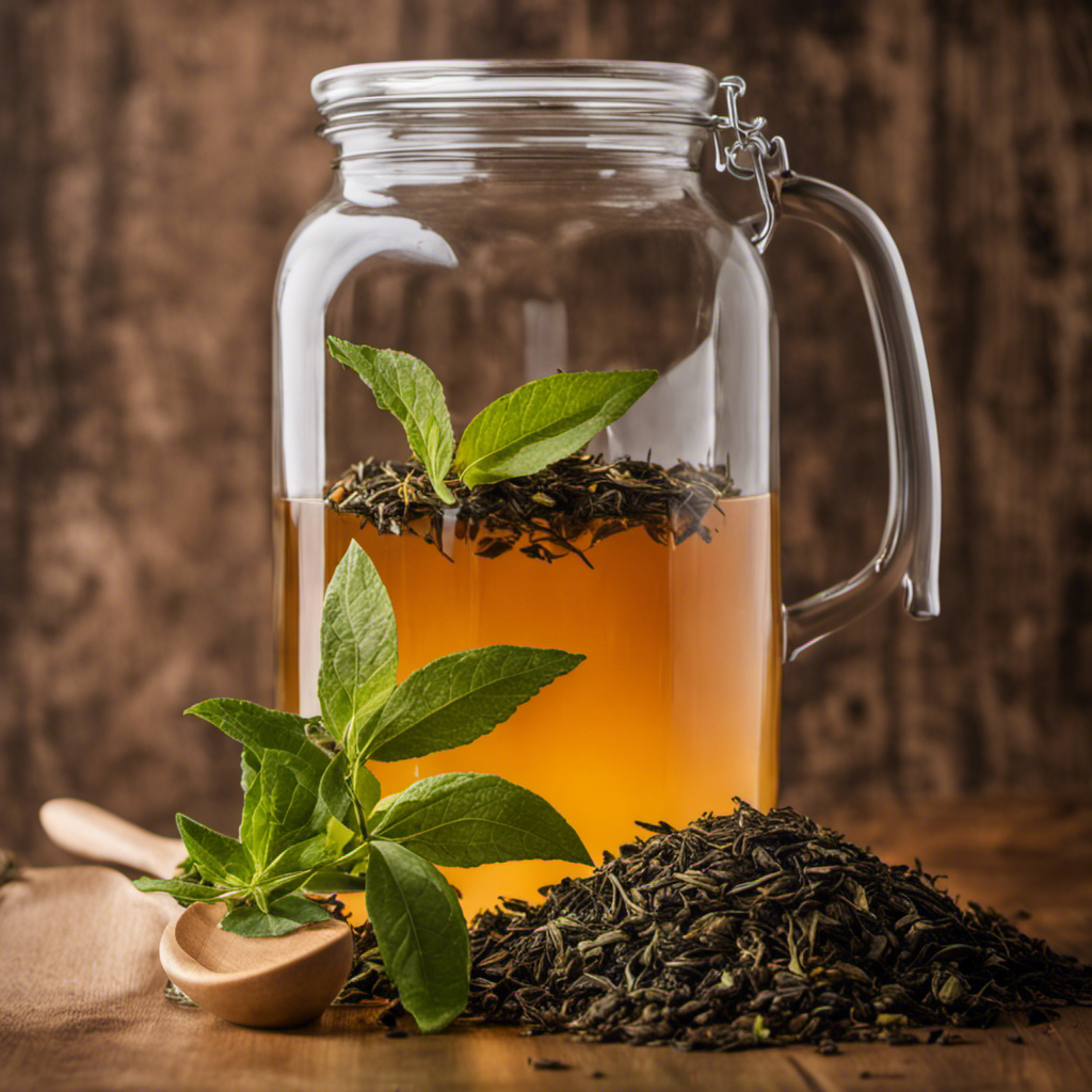 An image showcasing a glass jar filled with precisely measured loose tea leaves, alongside a measuring spoon and a gallon jug filled with freshly brewed kombucha, highlighting the perfect ratio for making 1 gallon of this effervescent beverage