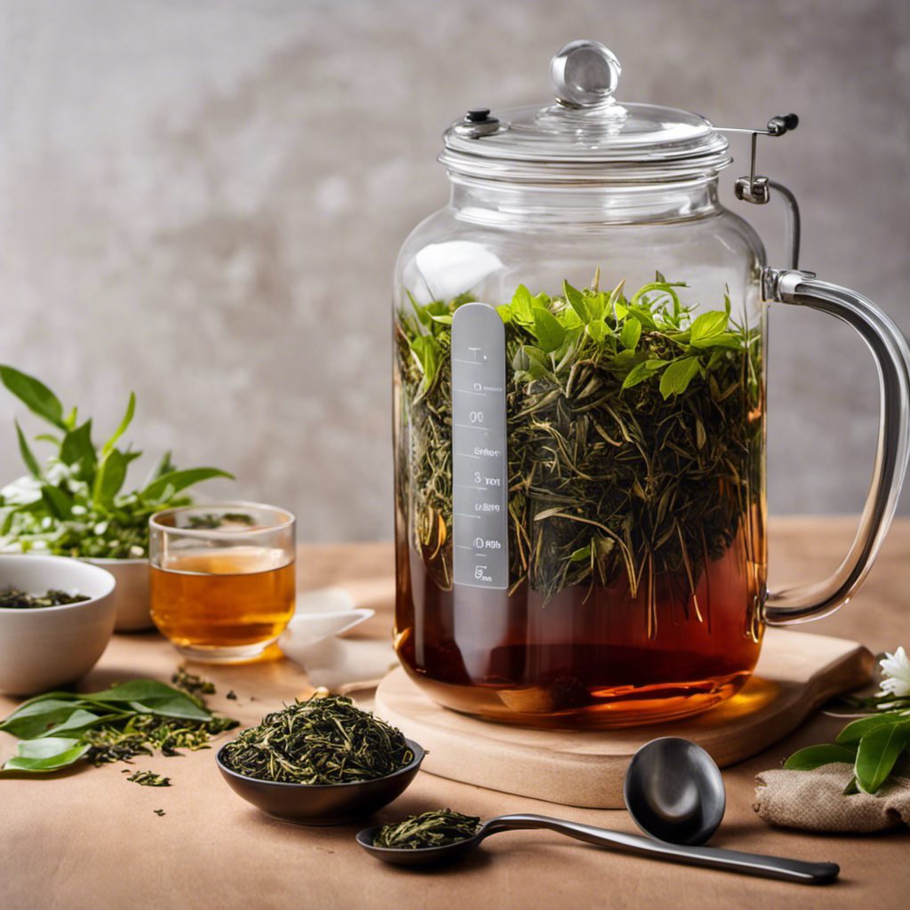 An image showcasing a glass jar filled with precisely measured loose tea leaves cascading into a brewing vessel, surrounded by delicate tea cups, a timer, and a measuring spoon, illustrating the art of determining the ideal tea quantity for a fresh batch of continuous brew kombucha