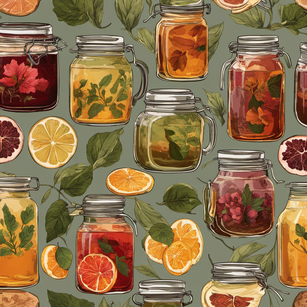 An image showcasing eight glass jars filled with freshly brewed kombucha, each labeled with a vibrant, botanical pattern