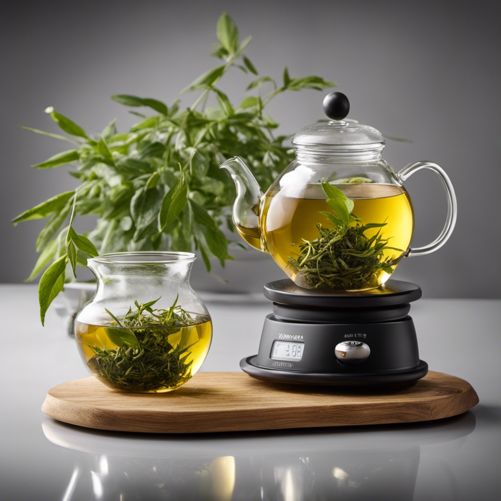 An image depicting a ceramic teapot pouring precisely measured loose green tea leaves into a glass jar, alongside a scale displaying 80 grams