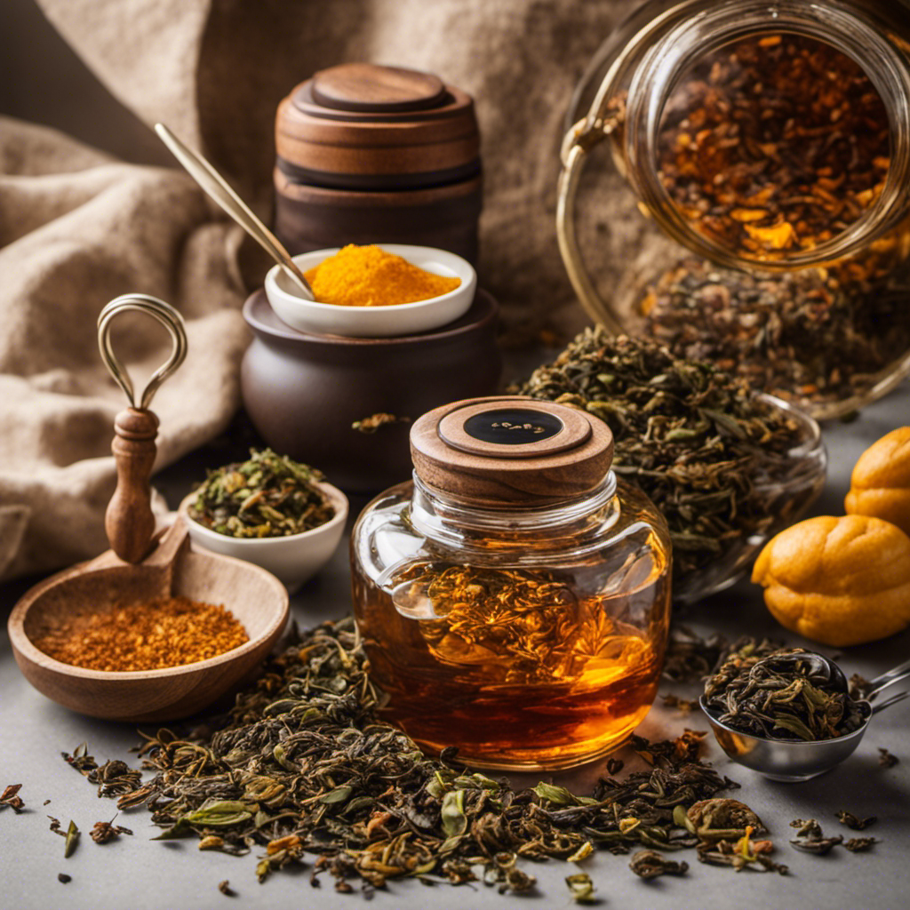 An image showcasing a glass jar filled with a rich, amber-colored liquid, surrounded by an assortment of loose tea leaves, measuring spoons, and a digital kitchen scale
