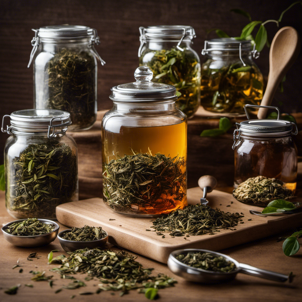 An image of a glass jar filled with freshly steeped tea leaves, surrounded by various measuring tools like a scale, spoons, and a timer, illustrating the precise measurements and meticulous process required for starting a new batch of kombucha