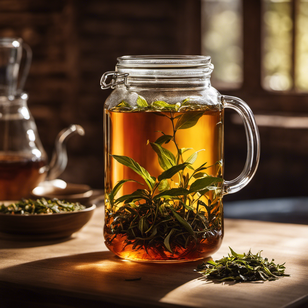 An image showcasing a glass jar filled with fresh tea leaves, beside a measuring cup pouring precisely one gallon of water into the jar