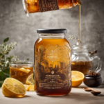 An image showcasing the intricate brewing process of kombucha, featuring a glass jar filled with freshly brewed tea, a floating scoby, and a thermometer immersed in the liquid, capturing the essence of tea infusion