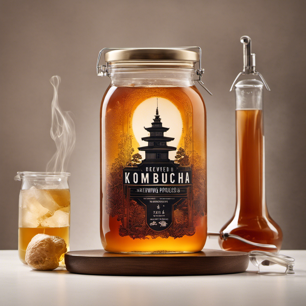 An image showcasing the intricate brewing process of kombucha, featuring a glass jar filled with freshly brewed tea, a floating scoby, and a thermometer immersed in the liquid, capturing the essence of tea infusion