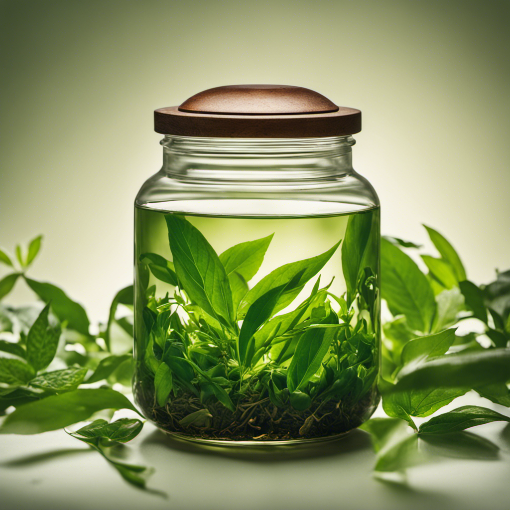 An image showcasing a glass jar filled with loose tea leaves, immersed in boiling water