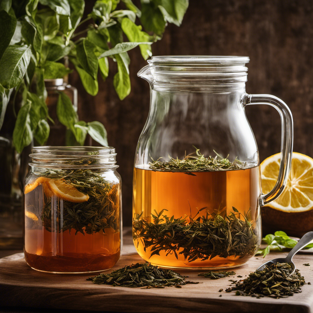 An image depicting a glass pitcher filled with precisely measured loose tea leaves being poured into a gallon-sized jar of brewing kombucha, showcasing the perfect tea-to-gallon ratio for achieving the ideal fermentation process