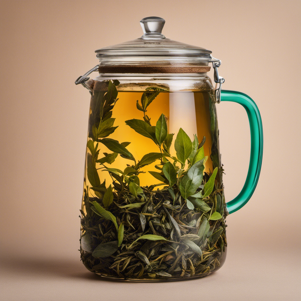 An image that showcases the step-by-step process of steeping a precise amount of tea leaves in a gallon-sized glass jar, with the vibrant colors and textures of the tea leaves and the brewing kombucha capturing the essence of the blog post