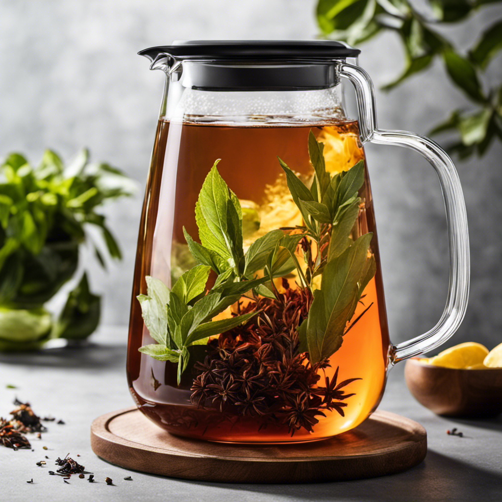 An image showcasing a glass pitcher filled with precisely measured loose tea leaves, brewing in water at a specific temperature, to illustrate the perfect tea-to-water ratio for a refreshing quart of homemade kombucha