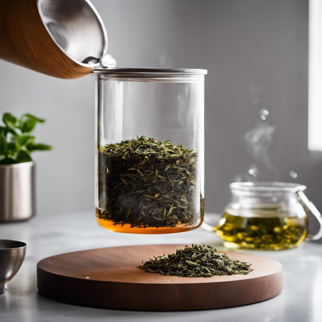 An image of a glass jar filled with loose tea leaves, precisely measured by a stainless steel scale, as a hand sprinkles them into a brewing vessel filled with water, highlighting the crucial step of determining the perfect amount of tea for making kombucha