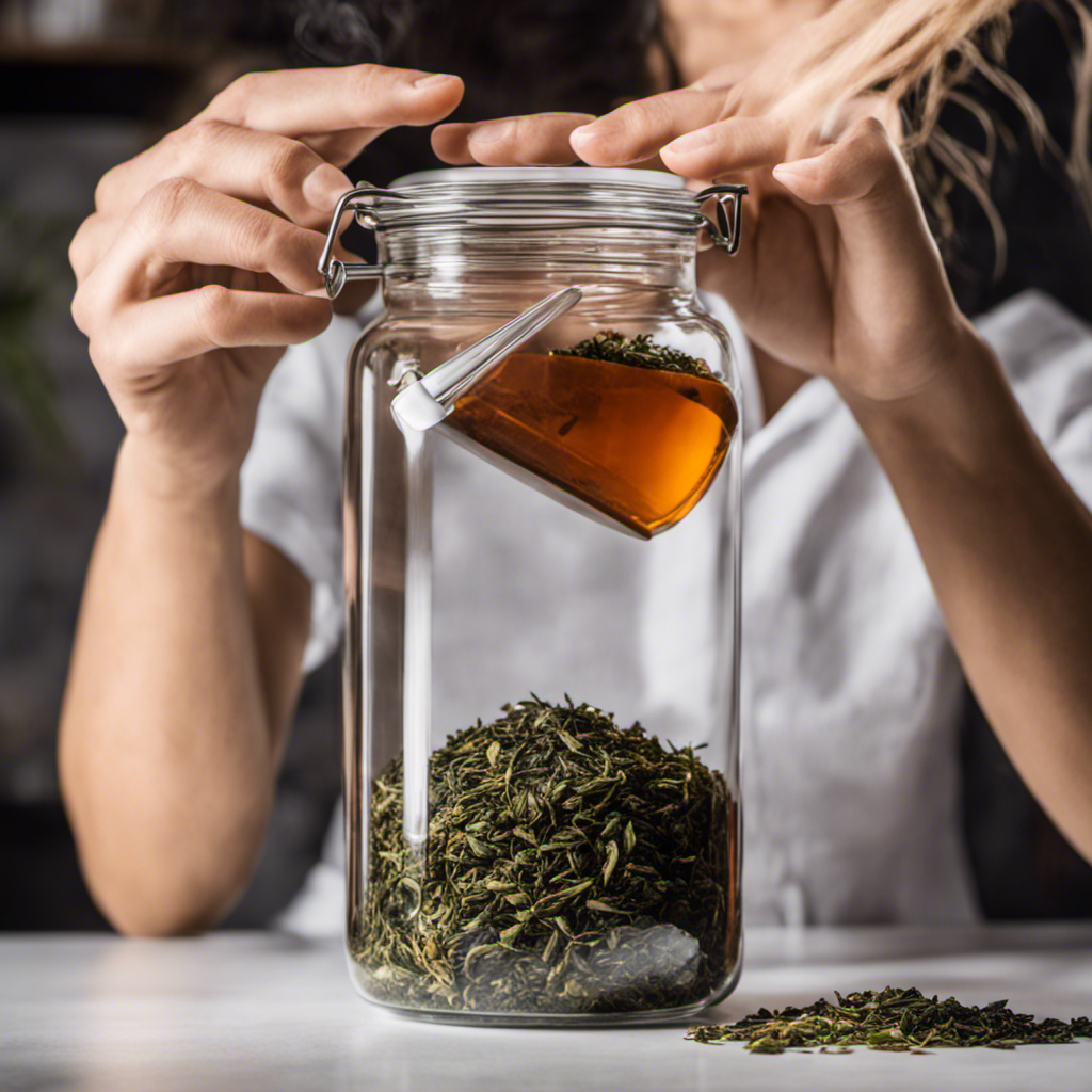 An image of a glass jar filled with loose tea leaves, precisely measured by a stainless steel scale, as a hand sprinkles them into a brewing vessel filled with water, highlighting the crucial step of determining the perfect amount of tea for making kombucha